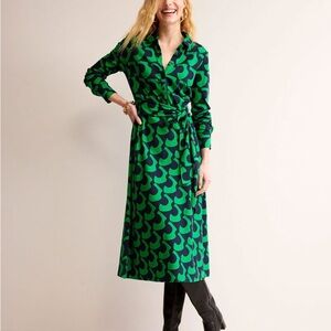 Boden Green and Navy Wrap Midi Dress